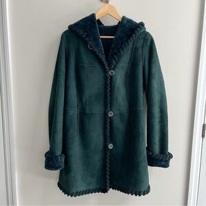 Vintage Genuine Suede Shearling Button Front Hooded Coat Emerald Green S/M